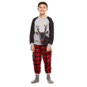 Christmas Family Matching Xmas Reindeer Tops Plaid Pants Pajamas Set